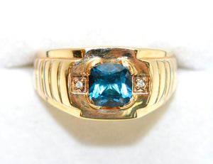 Natural London Blue Topaz & Diamond Ring 10K Solid Gold 1.46tcw Mens Ring March Birthstone Ring Statement Ring Estate Jewelry Topaz Ring