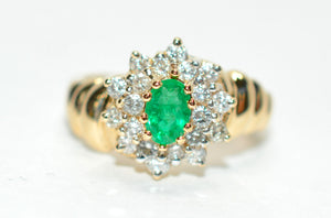 Natural Colombian Emerald & Diamond Ring 14K Solid Gold .68tcw Cluster Green Statement Ring Vintage Ring Emerald Ring May Birthstone Ring