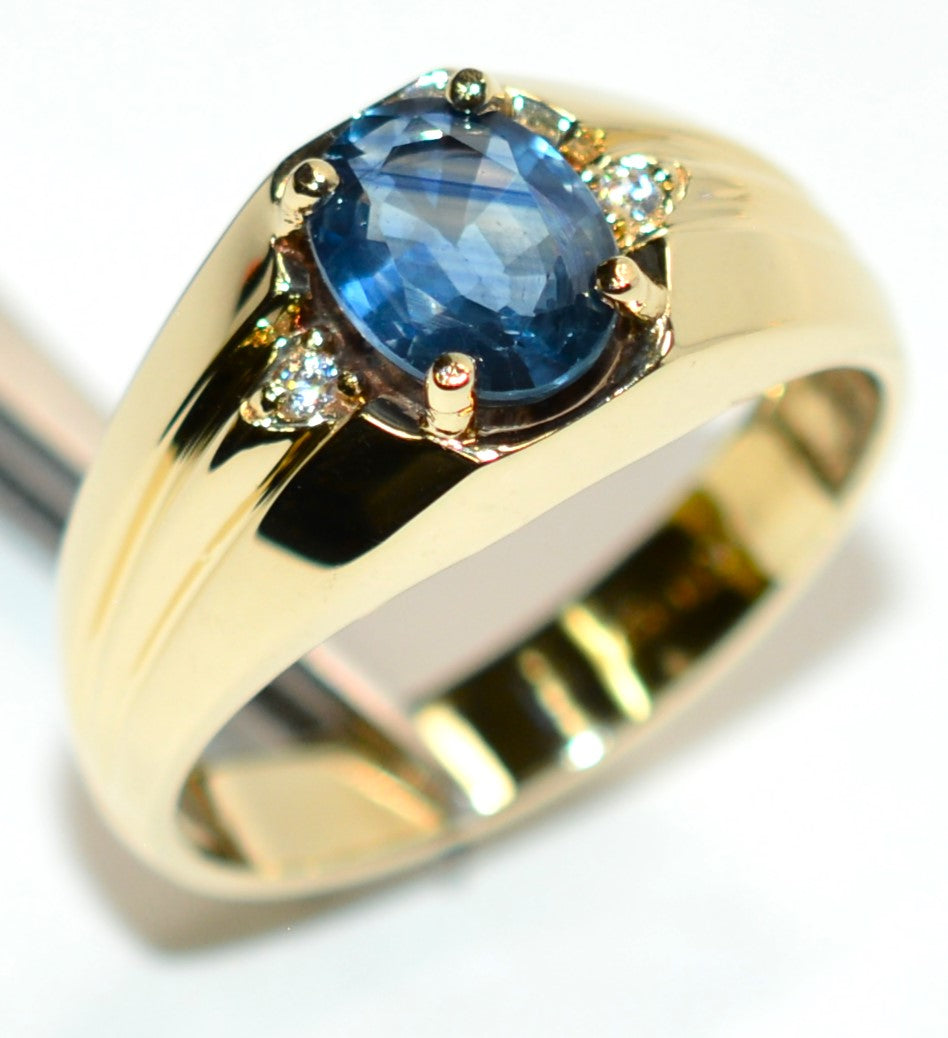 Natural Ceylon Sapphire & Diamond Ring 10K Solid Gold 1.41tcw Mens Ring Blue Gemstone September Birthstone Ring Vintage Estate Gents Ring