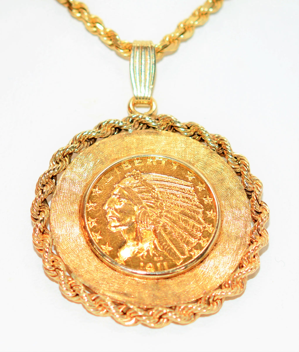 5 Dollar Indian Head Gold Half Eagle Coin Necklace 14K Solid Gold