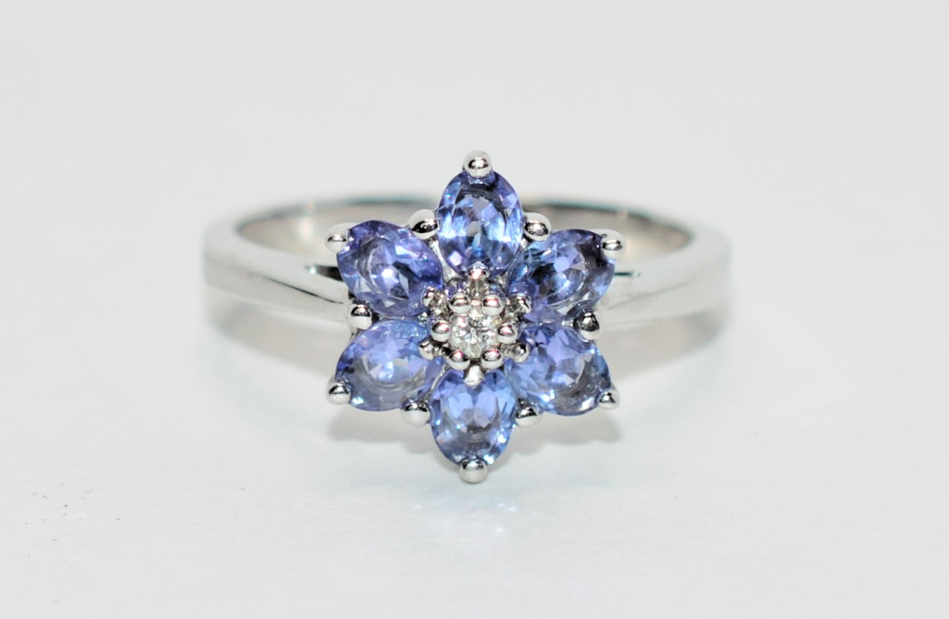 Natural Tanzanite & Diamond Ring 14K White Gold 1.59tcw Flower Ring Birthstone Purple Gemstone Vintage Statement Jewellery Floral Jewelry