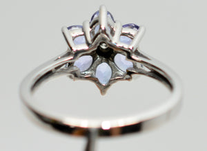 Natural Tanzanite & Diamond Ring 14K White Gold 1.59tcw Flower Ring Birthstone Purple Gemstone Vintage Statement Jewellery Floral Jewelry