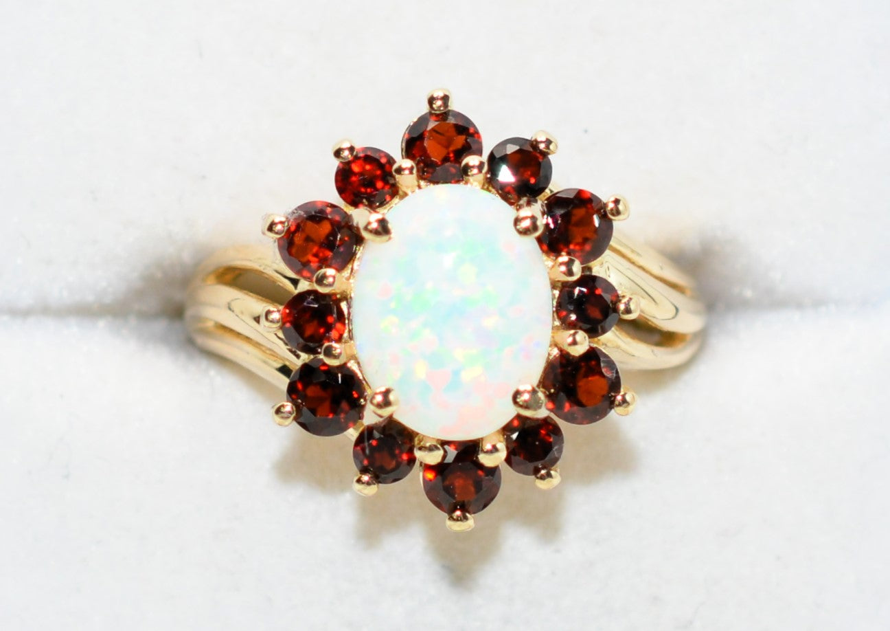 Natural Garnet & Opal Ring 10K Solid Gold 2.66tcw Flower Ring Vintage Red Gemstone Estate Jewelry Birthstone Floral Jewellery Statement Ring