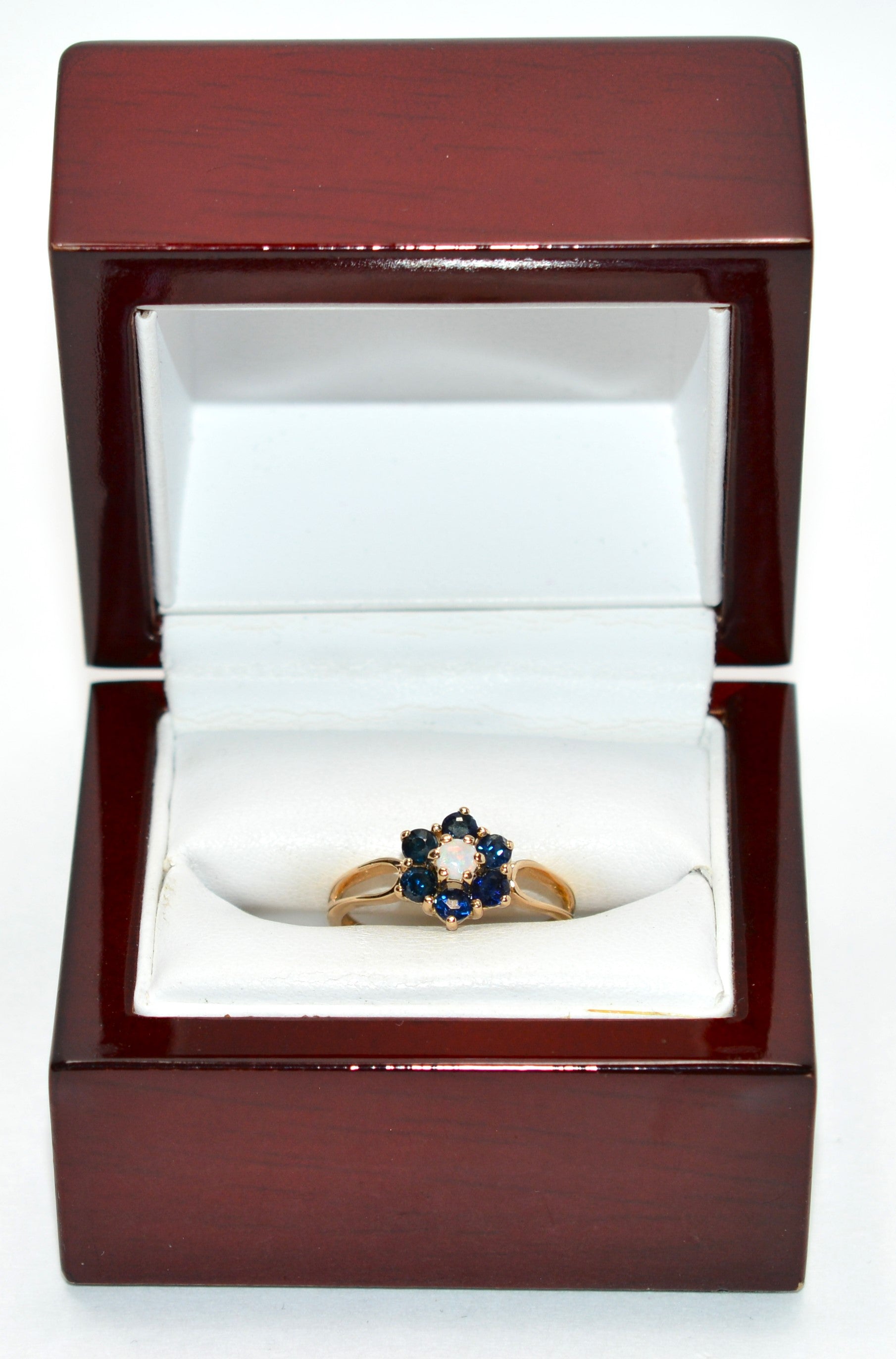 Natural Blue Sapphire & Opal Ring 14K Solid Gold .70tcw Flower Ring Vintage Estate Jewellery Birthstone Floral Promise Ring Ladies Ring