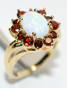 Natural Garnet & Opal Ring 10K Solid Gold 2.66tcw Flower Ring Vintage Red Gemstone Estate Jewelry Birthstone Floral Jewellery Statement Ring