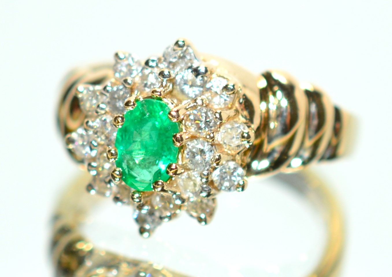 Natural Colombian Emerald & Diamond Ring 14K Solid Gold .68tcw Cluster Green Statement Ring Vintage Ring Emerald Ring May Birthstone Ring