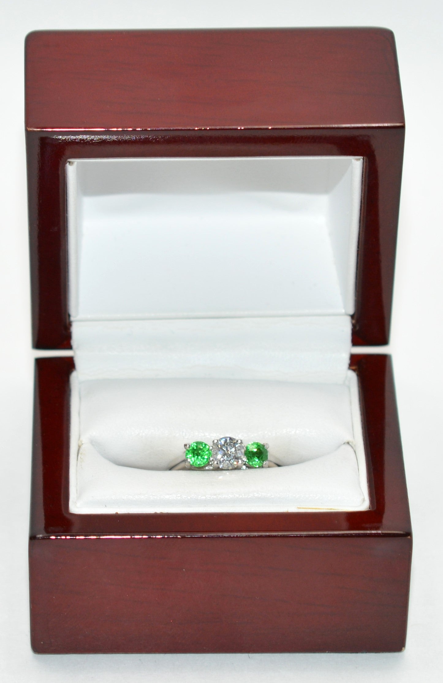 Natural Tsavorite Garnet & Diamond Ring 14K Solid White Gold Platinum 1.11tcw Gemstone Estate Jewelry Jewellery Three-Stone Ring Neon Green