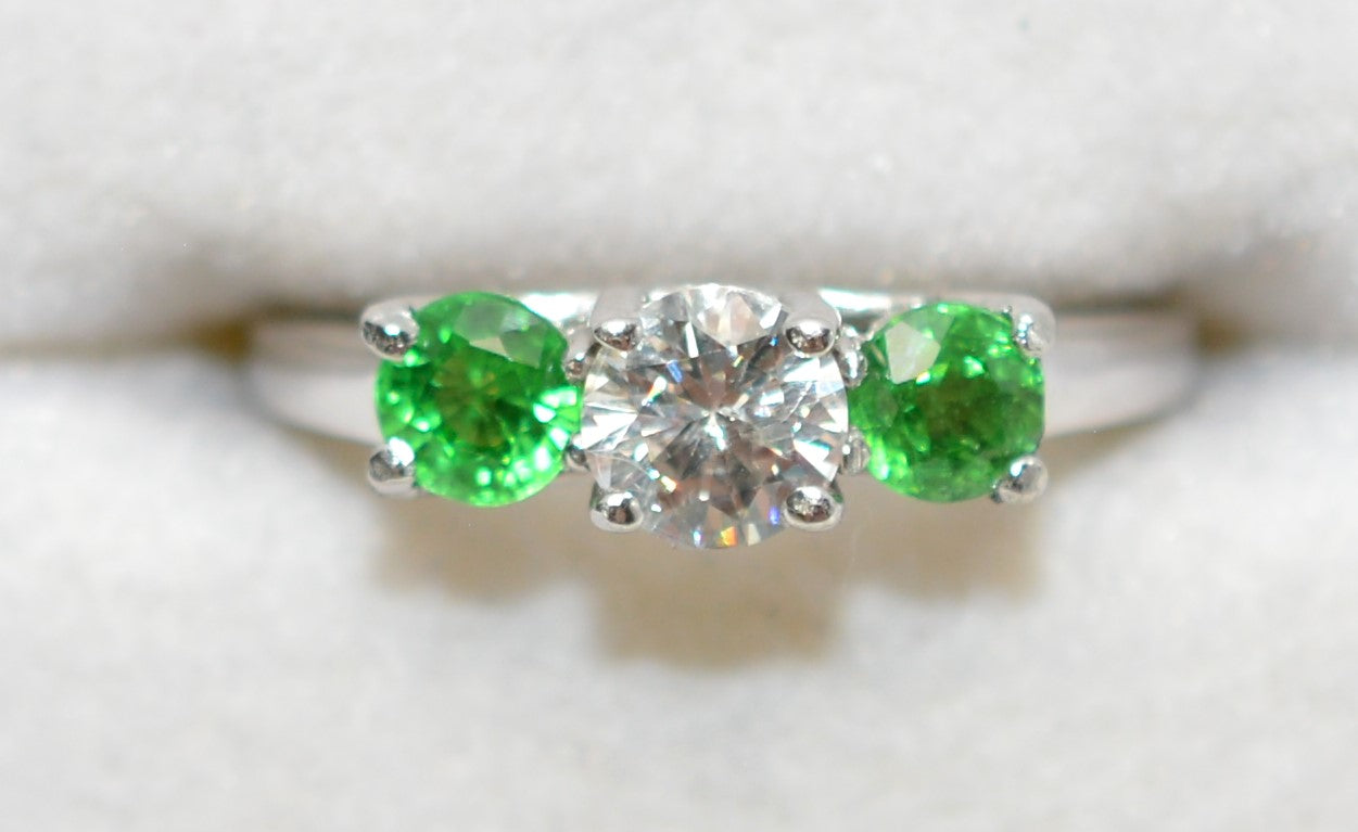 Natural Tsavorite Garnet & Diamond Ring 14K Solid White Gold Platinum 1.11tcw Gemstone Estate Jewelry Jewellery Three-Stone Ring Neon Green