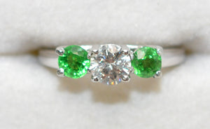 Natural Tsavorite Garnet & Diamond Ring 14K Solid White Gold Platinum 1.11tcw Gemstone Estate Jewelry Jewellery Three-Stone Ring Neon Green