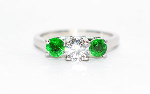 Natural Tsavorite Garnet & Diamond Ring 14K Solid White Gold Platinum 1.11tcw Gemstone Estate Jewelry Jewellery Three-Stone Ring Neon Green