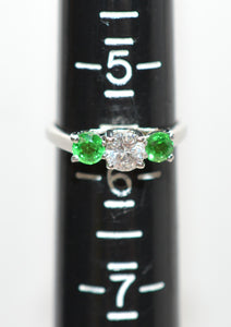 Natural Tsavorite Garnet & Diamond Ring 14K Solid White Gold Platinum 1.11tcw Gemstone Estate Jewelry Jewellery Three-Stone Ring Neon Green