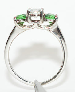 Natural Tsavorite Garnet & Diamond Ring 14K Solid White Gold Platinum 1.11tcw Gemstone Estate Jewelry Jewellery Three-Stone Ring Neon Green