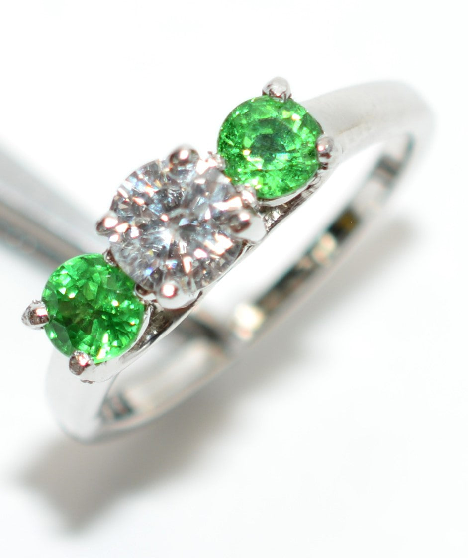 Natural Tsavorite Garnet & Diamond Ring 14K Solid White Gold Platinum 1.11tcw Gemstone Estate Jewelry Jewellery Three-Stone Ring Neon Green