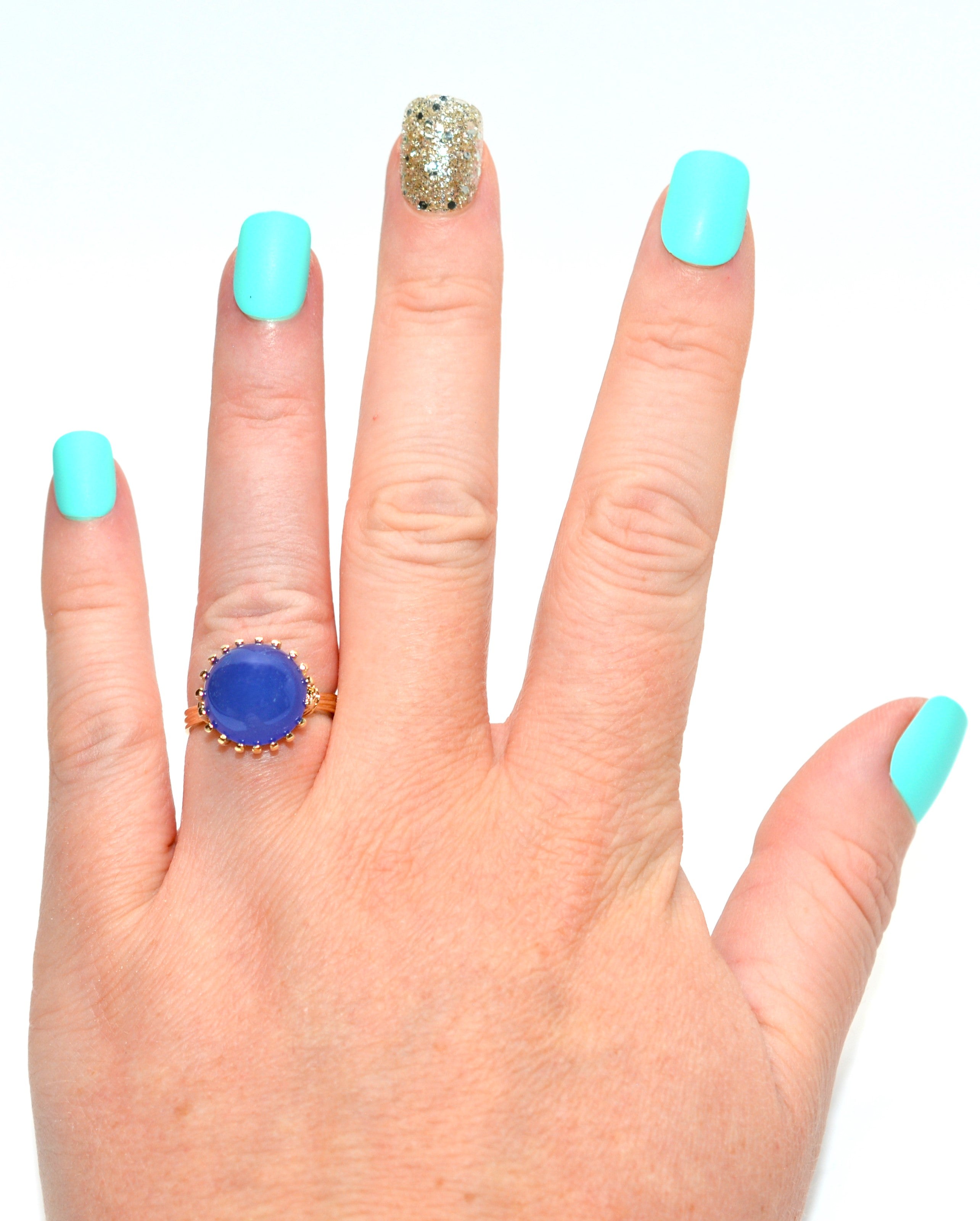 Natural Blue Agate Ring 14K Solid Gold Solitaire Ring Statement Ring Cocktail Ring Vintage Ring Gemstone Ring Estate Ring Jewellery