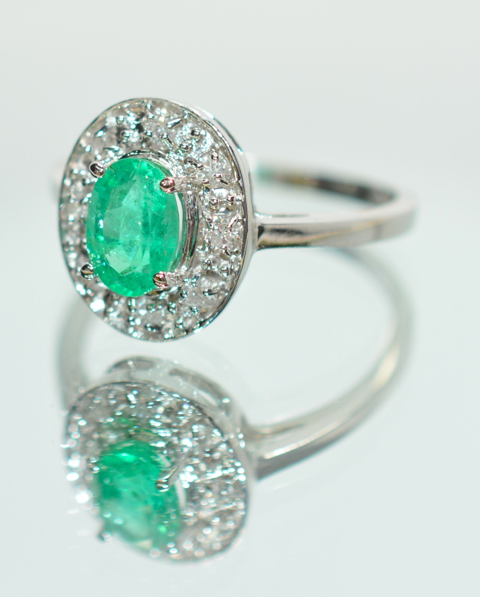 Natural Colombian Emerald & Diamond Ring 14K White Gold .97tcw Halo Engagement Ring Green Gemstone Ring May Birthstone Ring Cocktail Ring