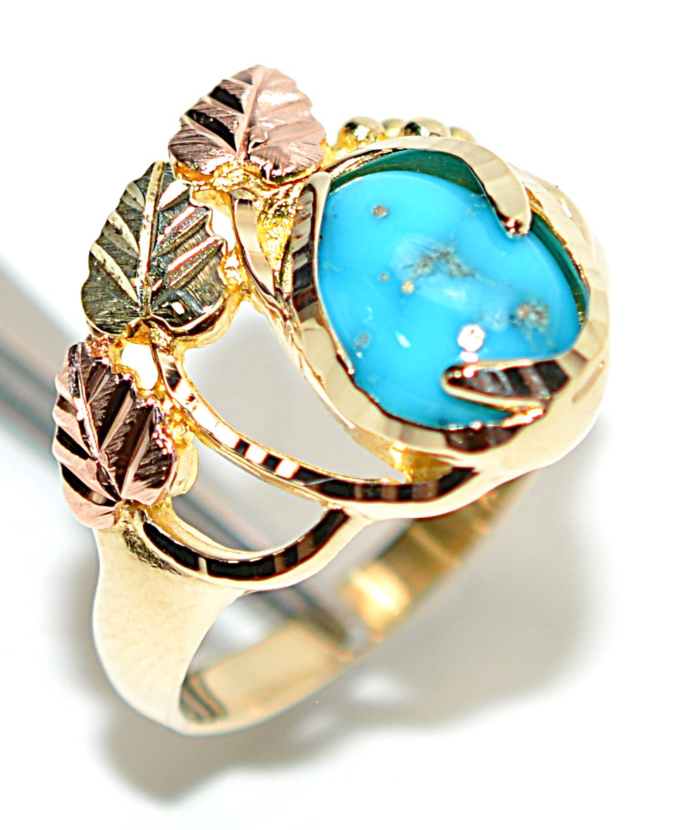 Natural Turquoise Ring 10K Gold Black Hills Gold Ring Black Hills Dakota Ring Leaf Ring Nature Ring Boho Jewelry Estate Blue Gemstone