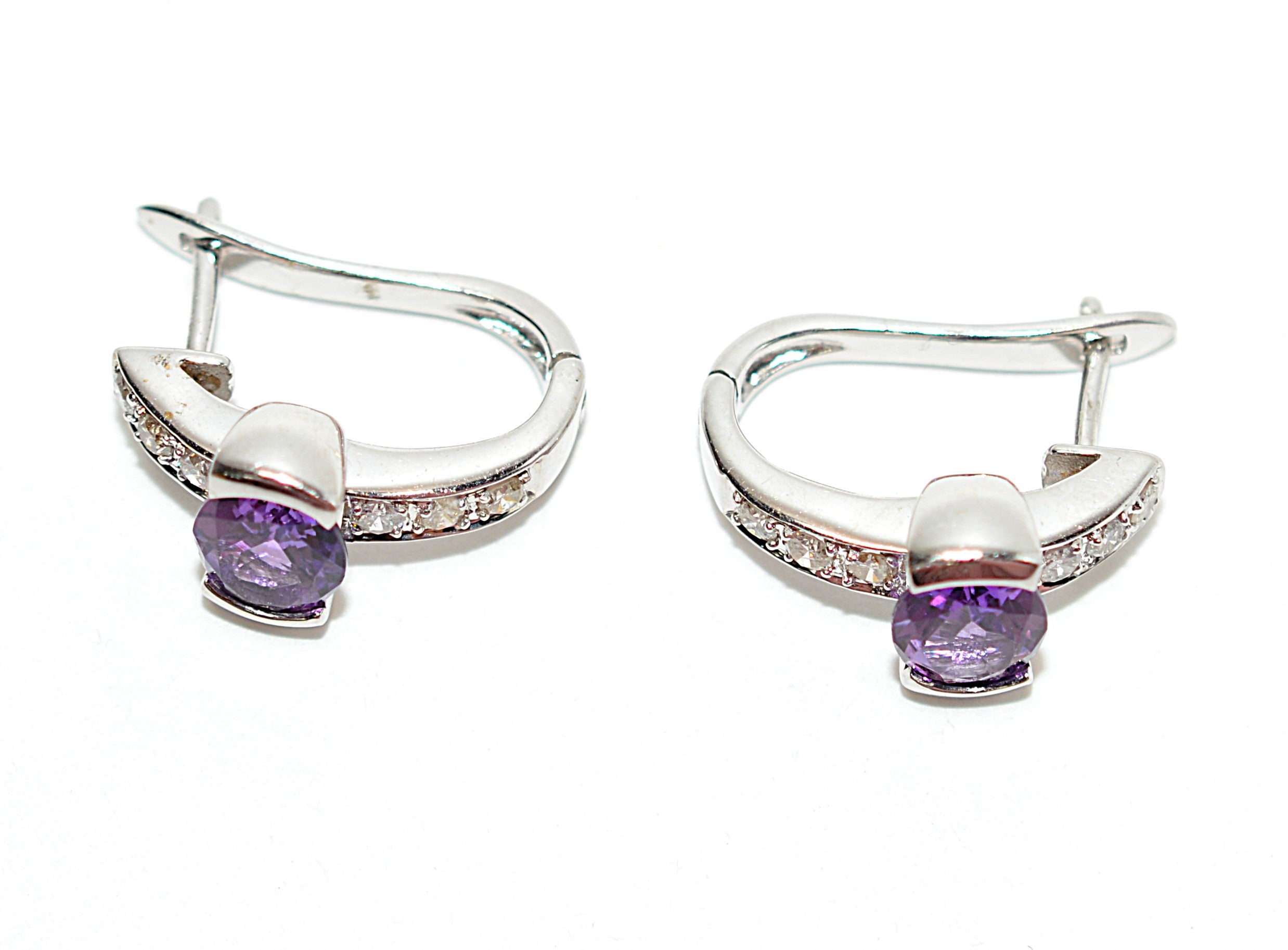 Natural Amethyst & Diamond Earrings 18K Solid White Gold 2.08tcw Hoop Earrings Cocktail Earrings Statement Earrings Womens Earrings Huggies