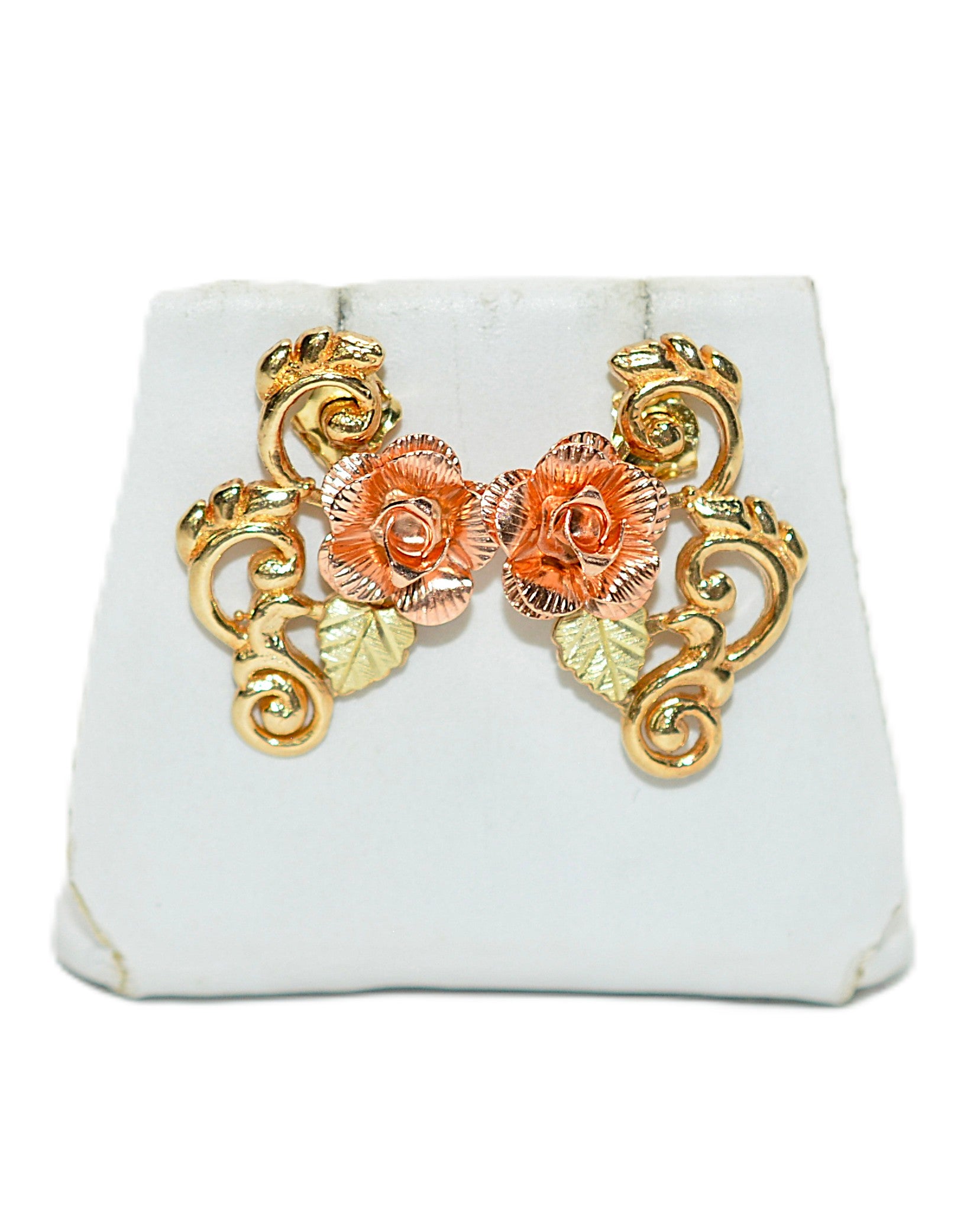Black Hills Gold Earrings 10K Gold Rose Earrings Tri-Color Earrings South Dakota Earrings American Earrings Vintage Earrings Statement