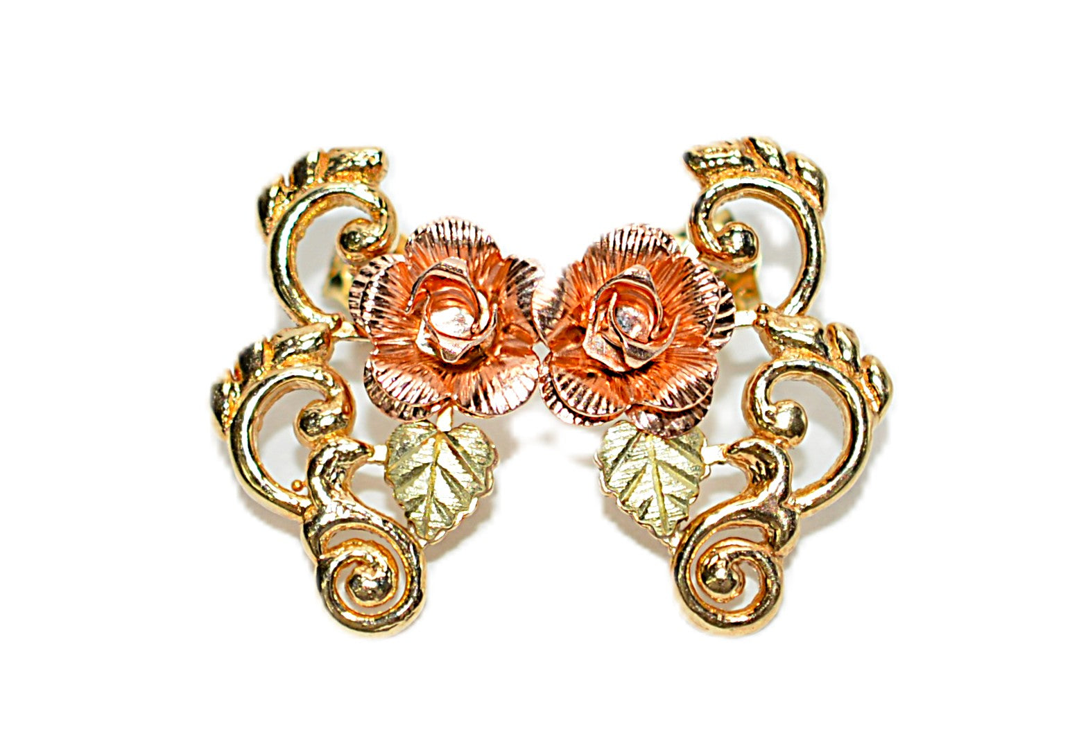 Black Hills Gold Earrings 10K Gold Rose Earrings Tri-Color Earrings South Dakota Earrings American Earrings Vintage Earrings Statement