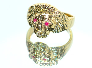 Natural Ruby & Diamond Ring 10K Solid Gold .13tcw Lion Ring Statement Ring Mens Ring Cocktail Ring Vintage Estate Jewelry Animal Jewellery