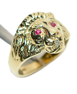 Natural Ruby & Diamond Ring 10K Solid Gold .13tcw Lion Ring Statement Ring Mens Ring Cocktail Ring Vintage Estate Jewelry Animal Jewellery