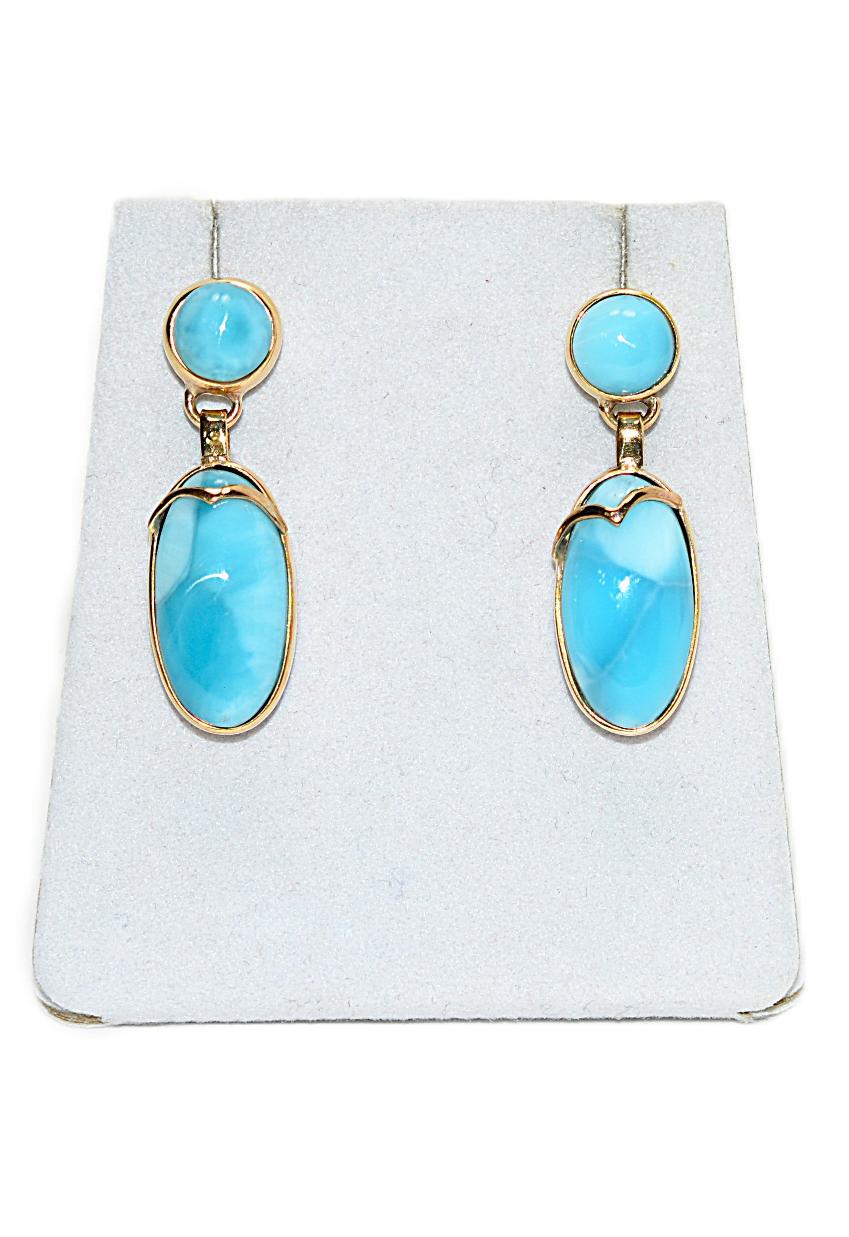 Natural Larimar Earrings 14K Solid Gold Earrings Dangle Drop Earrings Statement Earrings Cocktail Earrings Caribbean Blue Gemstones Estate
