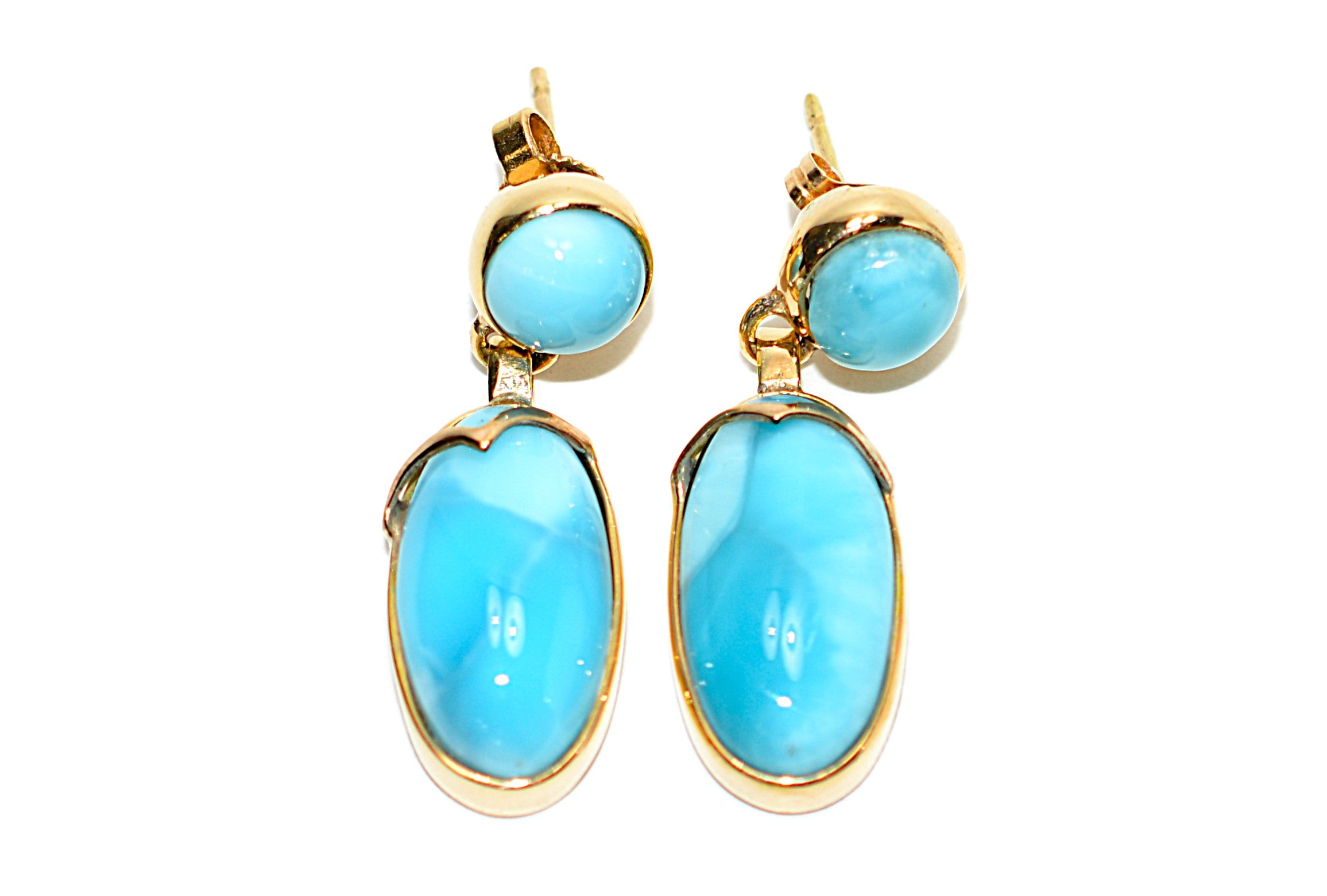 Natural Larimar Earrings 14K Solid Gold Earrings Dangle Drop Earrings Statement Earrings Cocktail Earrings Caribbean Blue Gemstones Estate
