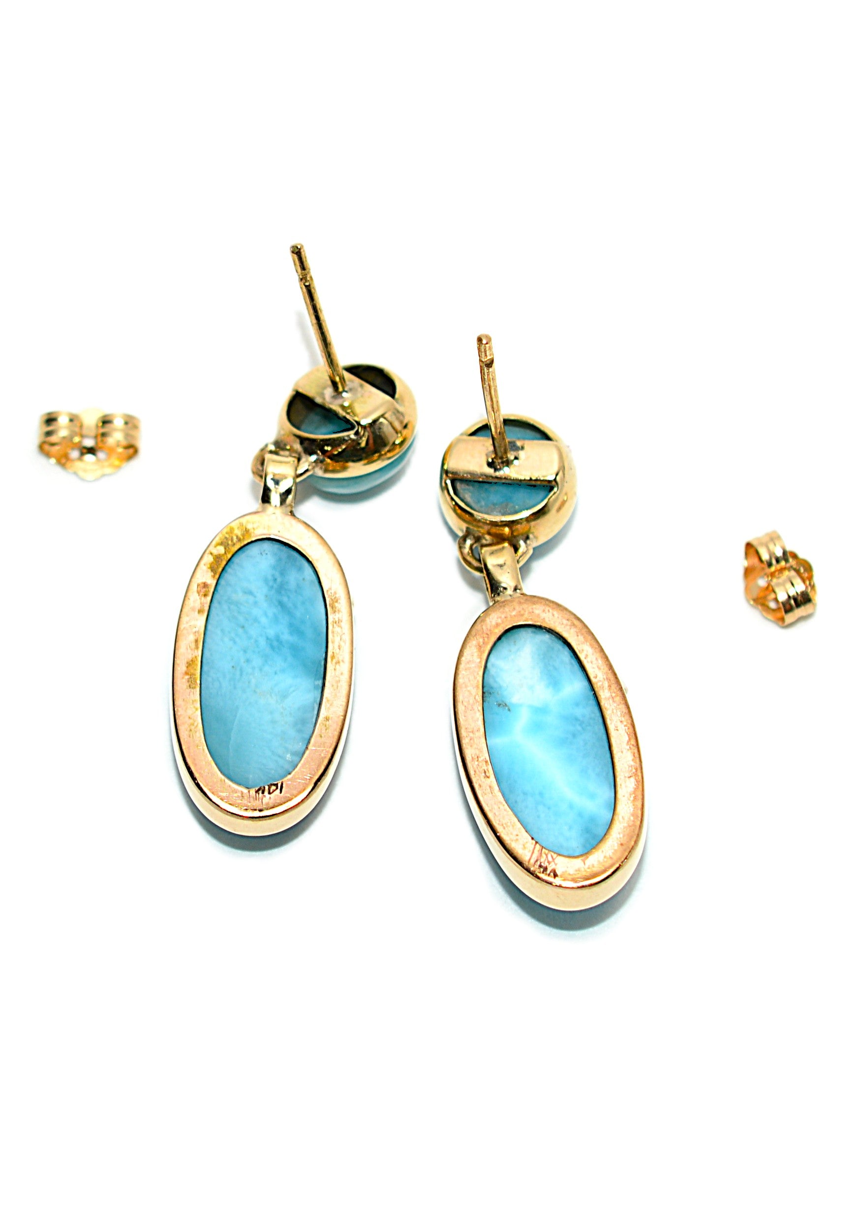 Natural Larimar Earrings 14K Solid Gold Earrings Dangle Drop Earrings Statement Earrings Cocktail Earrings Caribbean Blue Gemstones Estate