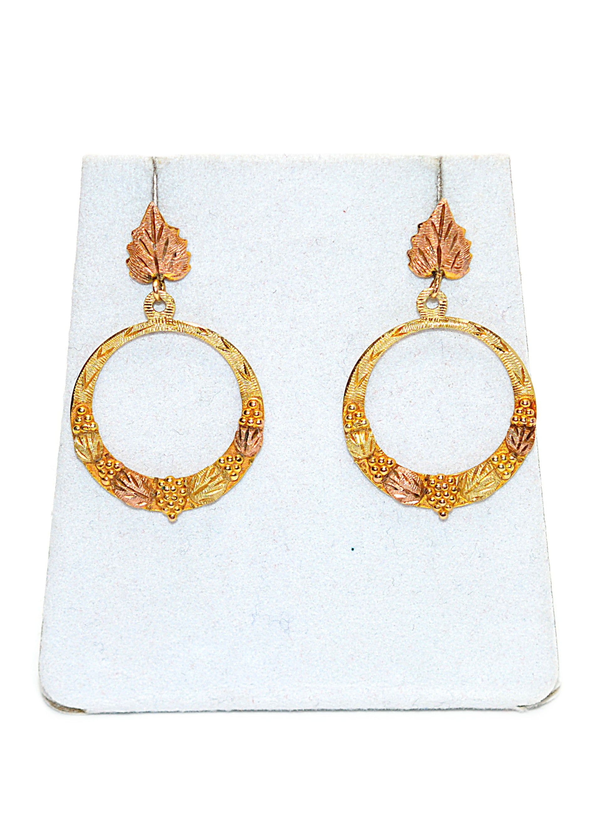 Black Hills Gold Earrings 10K Gold Dangle Drop Circle Earrings Tri-Color Earrings South Dakota Earrings Vintage Estate Earrings Hoops