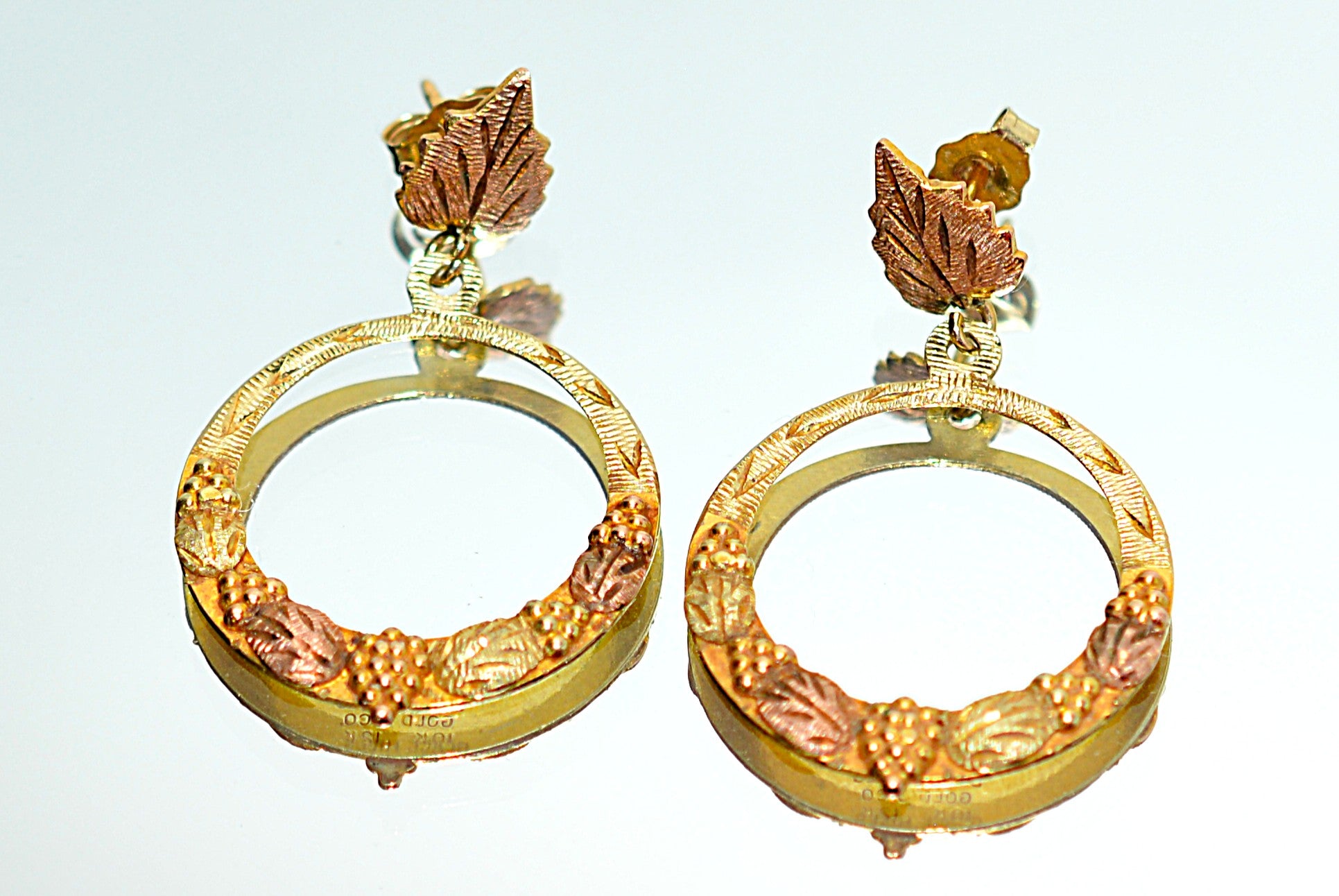 Black Hills Gold Earrings 10K Gold Dangle Drop Circle Earrings Tri-Color Earrings South Dakota Earrings Vintage Estate Earrings Hoops
