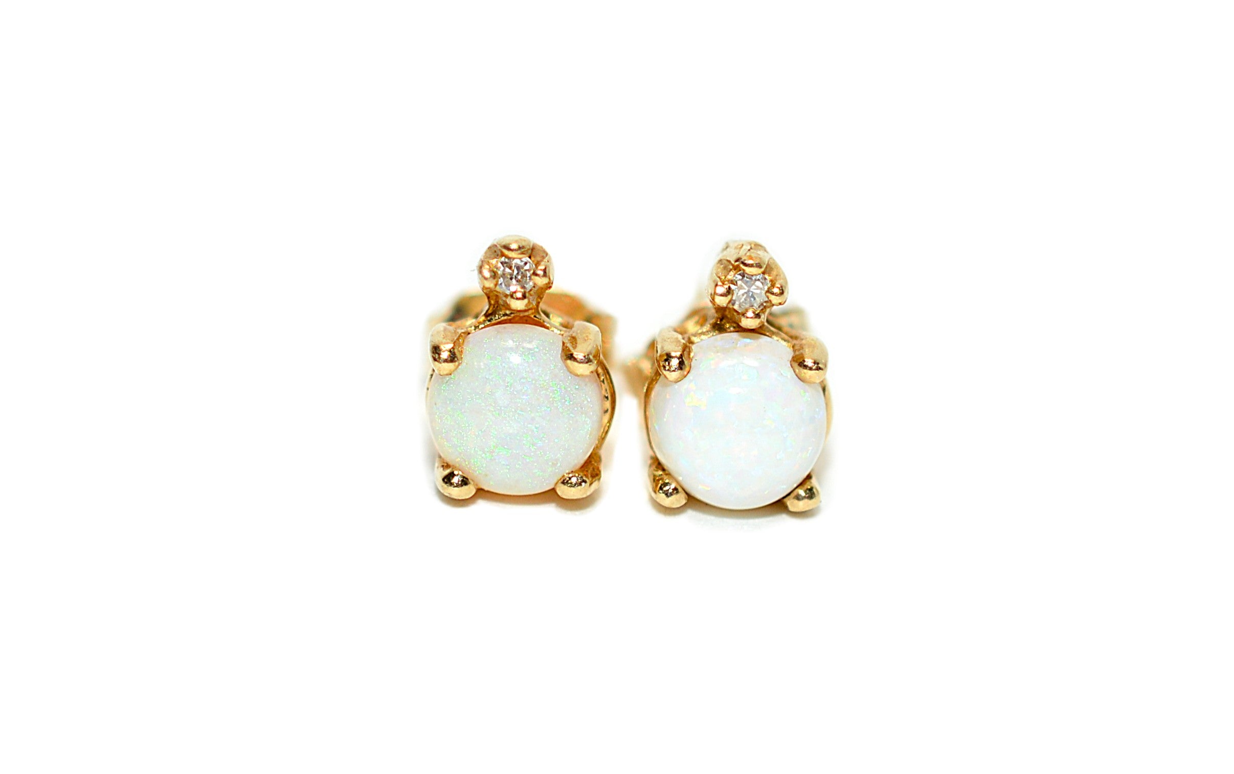 Natural Ethiopian Welo Opal & Diamond Earrings 14K Gold .02tcw Earrings Statement Earrings Stud Earrings Vintage Earrings Estate Jewelry Fine Jewellery