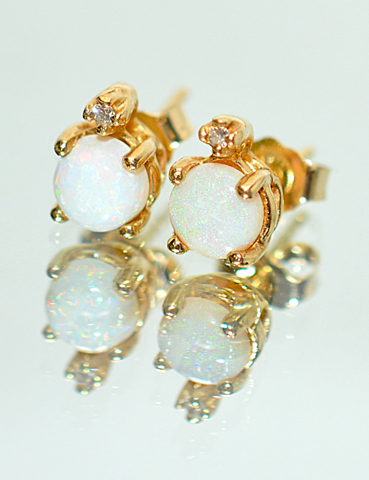 Natural Ethiopian Welo Opal & Diamond Earrings 14K Gold .02tcw Earrings Statement Earrings Stud Earrings Vintage Earrings Estate Jewelry Fine Jewellery