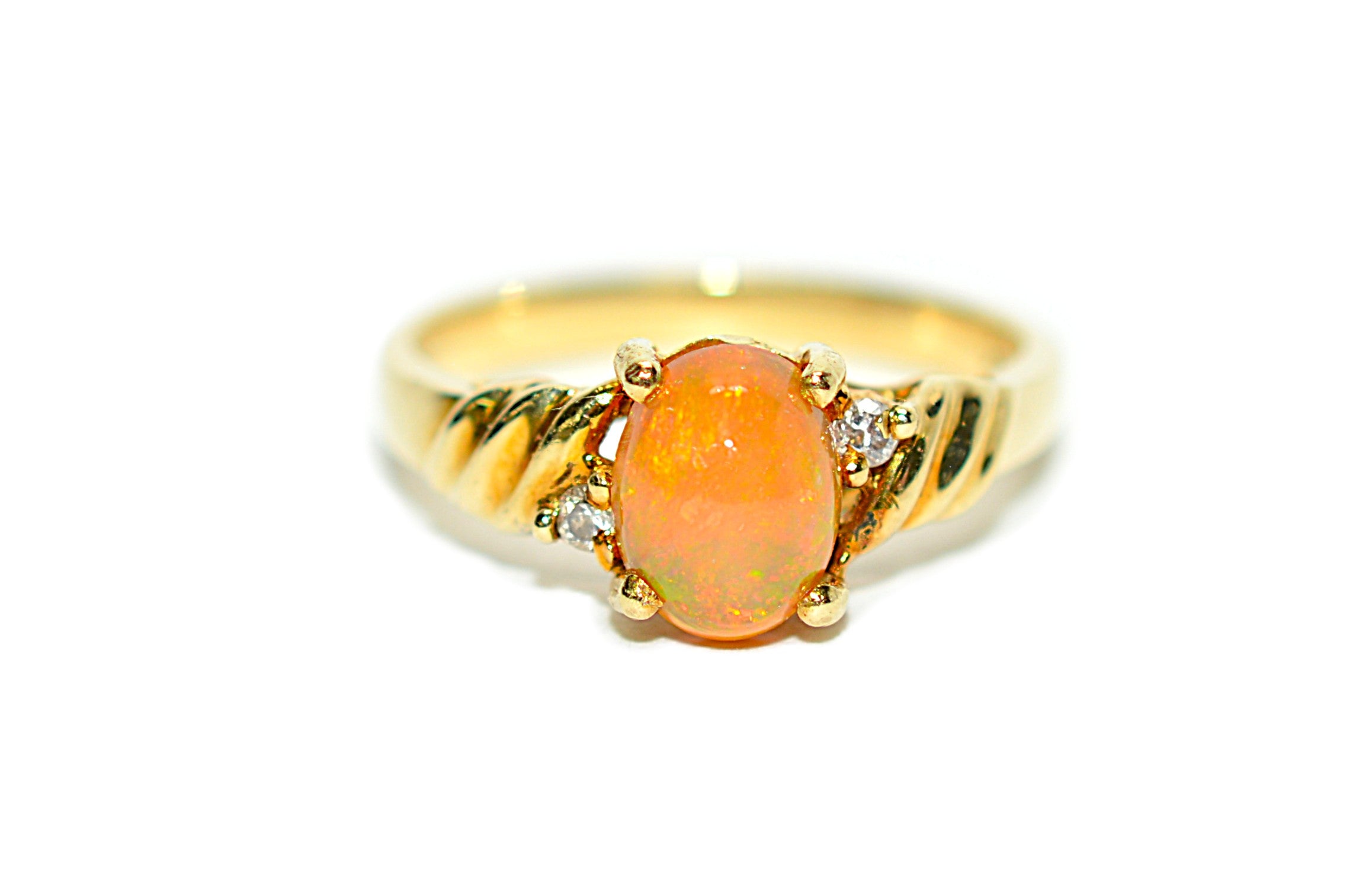 Natural Ethiopian Welo Fire Opal & Diamond Ring 14kt Solid Gold 1.13tcw October Birthstone Ring