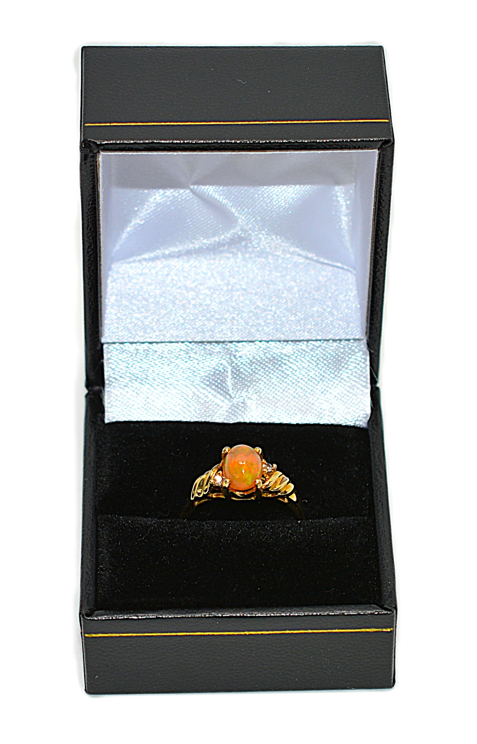 Natural Ethiopian Welo Fire Opal & Diamond Ring 14kt Solid Gold 1.13tcw October Birthstone Ring