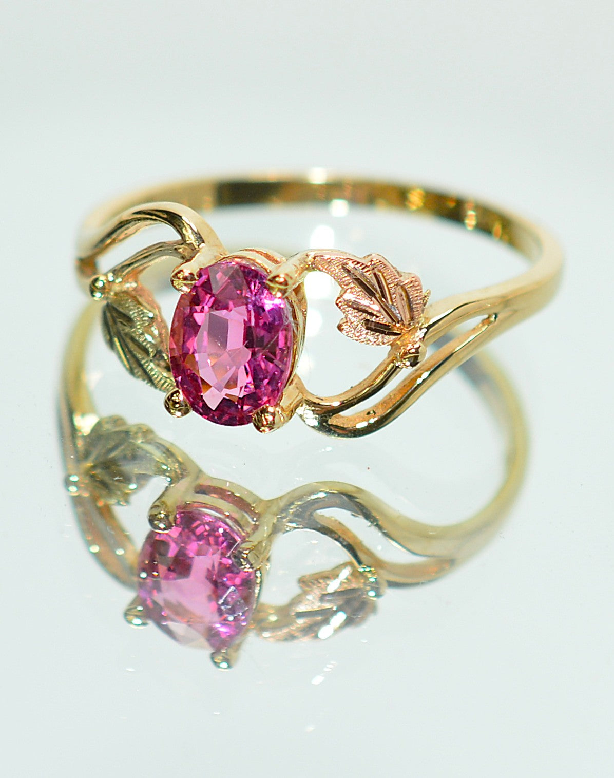 Natural Padparadscha Sapphire Ring 10K Solid Gold 1.00ct Gemstone Black Hills Gold Ring September Birthstone Ring Boho Leaf Nature Ring