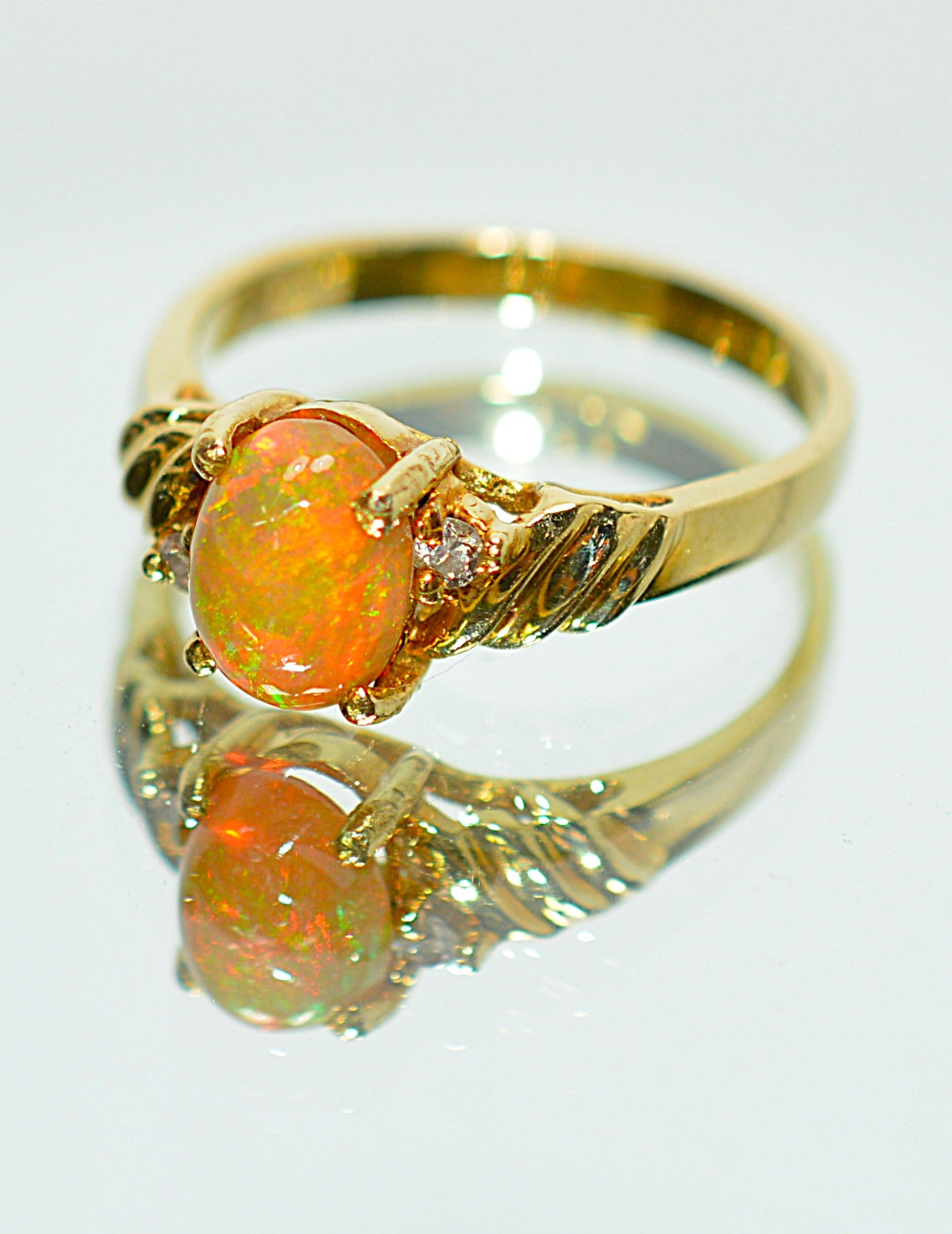 Natural Ethiopian Welo Fire Opal & Diamond Ring 14kt Solid Gold 1.13tcw October Birthstone Ring