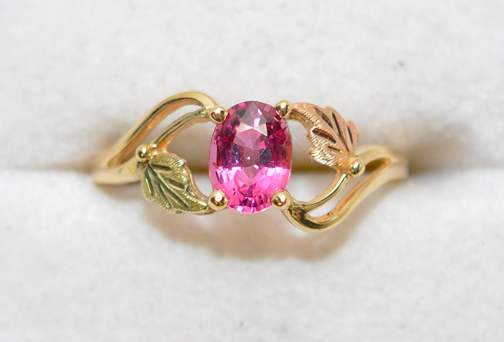 Natural Padparadscha Sapphire Ring 10K Solid Gold 1.00ct Gemstone Black Hills Gold Ring September Birthstone Ring Boho Leaf Nature Ring