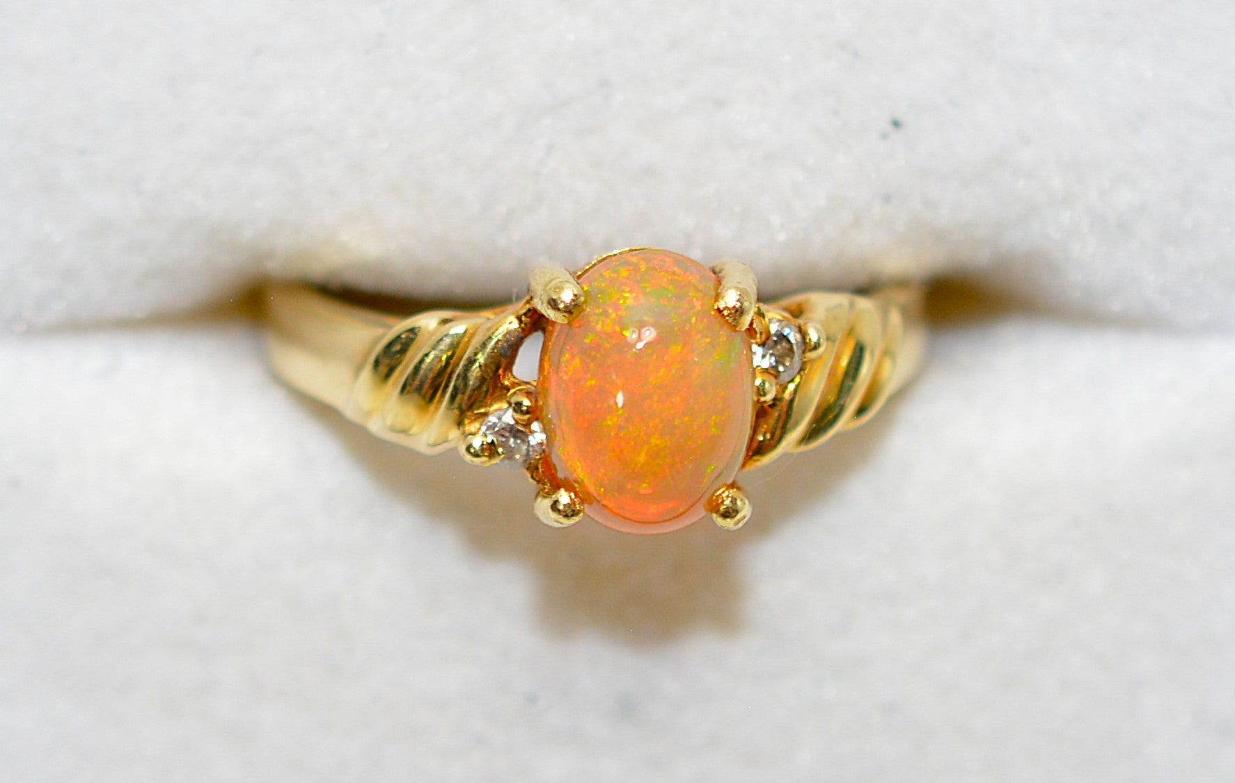 Natural Ethiopian Welo Fire Opal & Diamond Ring 14kt Solid Gold 1.13tcw October Birthstone Ring