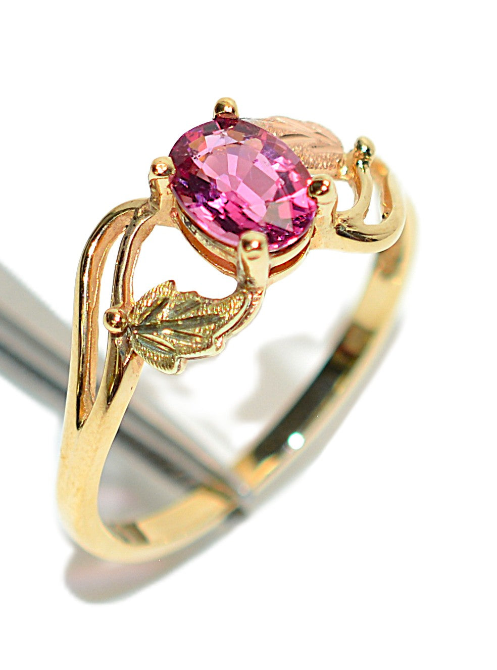 Natural Padparadscha Sapphire Ring 10K Solid Gold 1.00ct Gemstone Black Hills Gold Ring September Birthstone Ring Boho Leaf Nature Ring