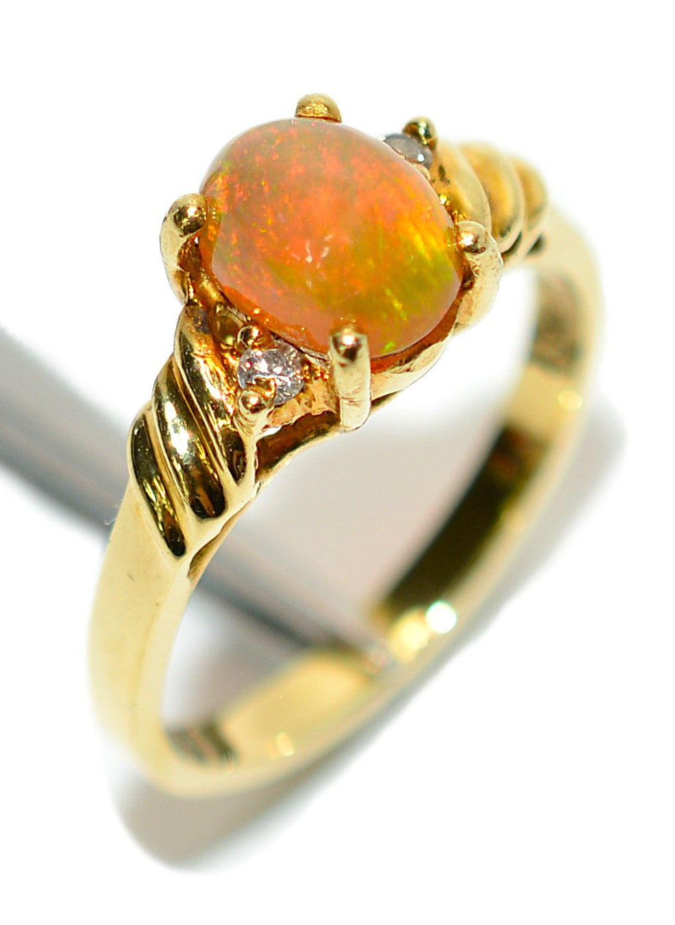 Natural Ethiopian Welo Fire Opal & Diamond Ring 14kt Solid Gold 1.13tcw October Birthstone Ring