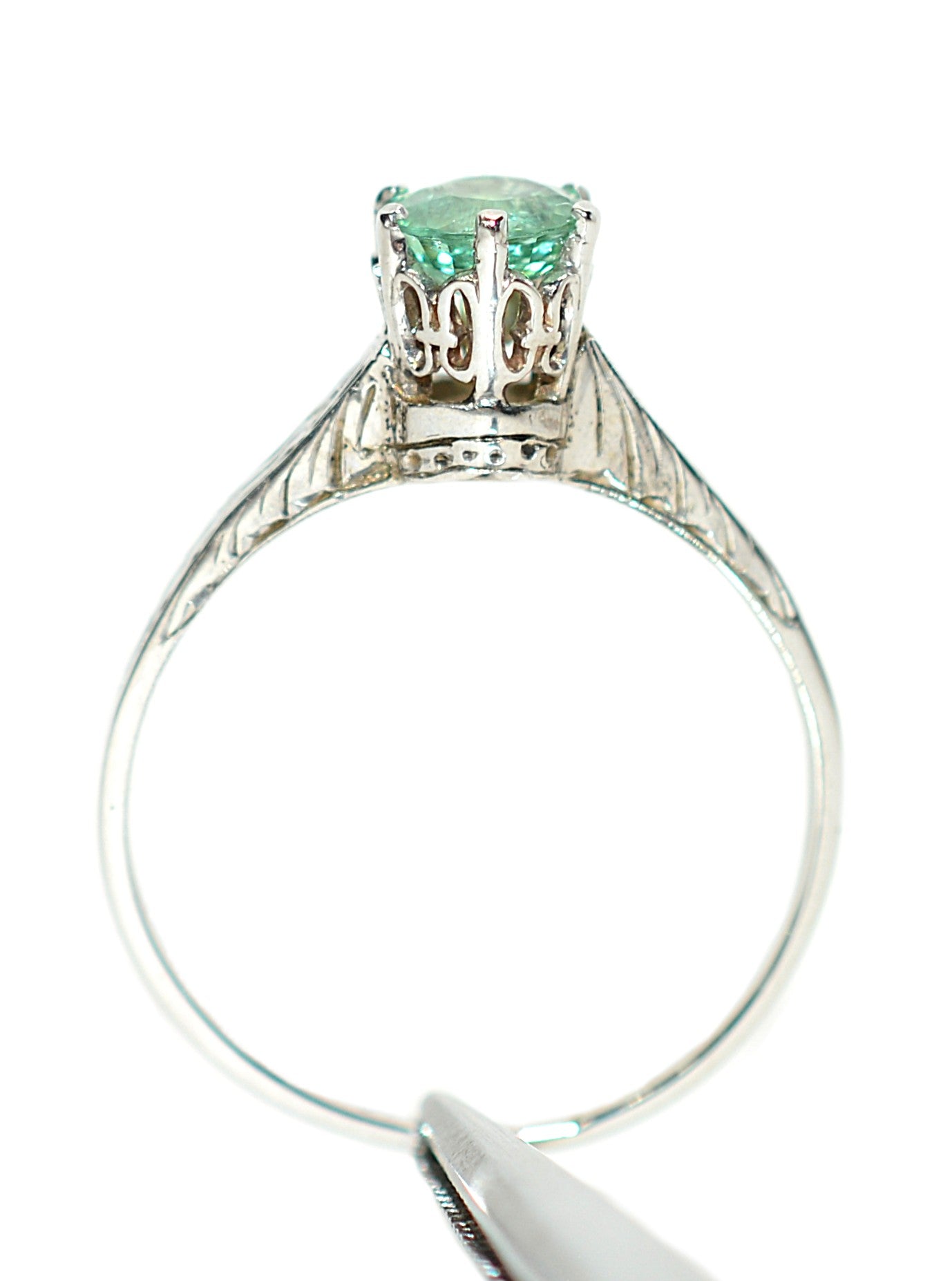 Natural Paraiba Tourmaline Ring 14K White Gold Ring .54ct Gemstone Ring Blue Green Ring Antique Ring Filigree Hand Carved Vintage Jewelry