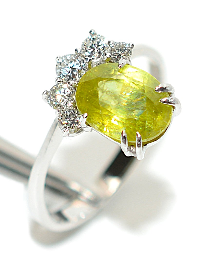 Natural Sphene & Diamond Ring 14K White Gold 2.52tcw Titanite Gemstone Yellow Green Ring Womens Ring Statement Ring Vintage Estate Ring