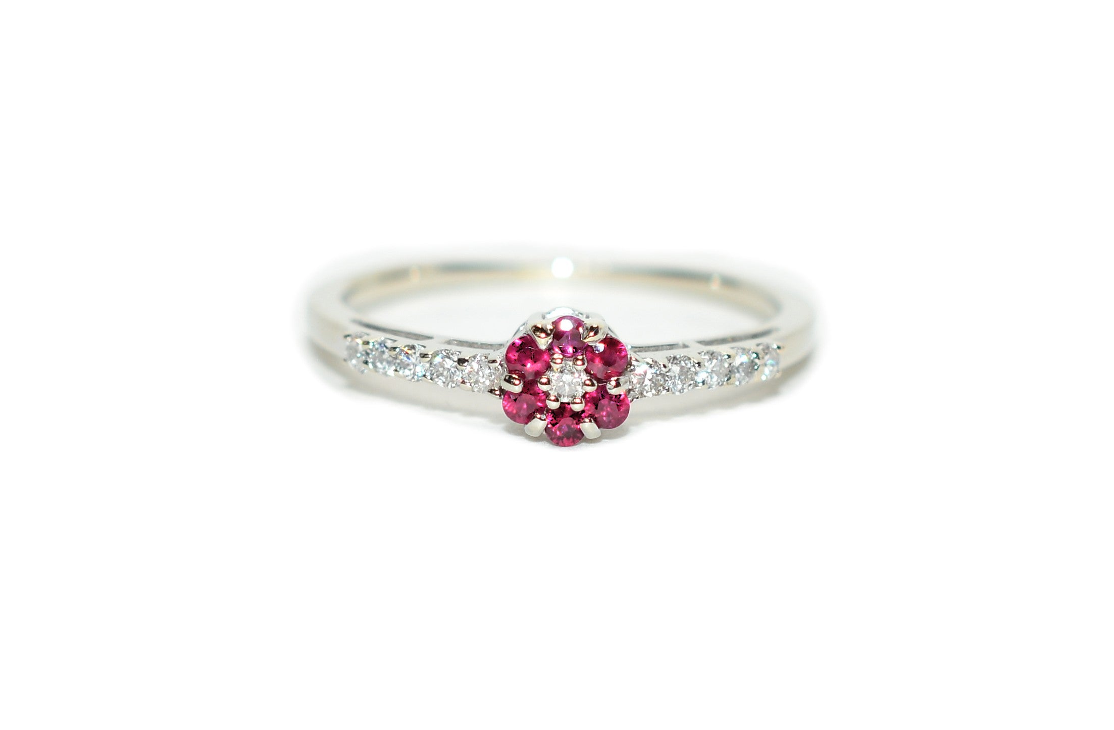 Natural Ruby & Diamond Ring 10K White Gold .29tcw July Birthstone Ring Flower Ring Vintage Estate Jewelry