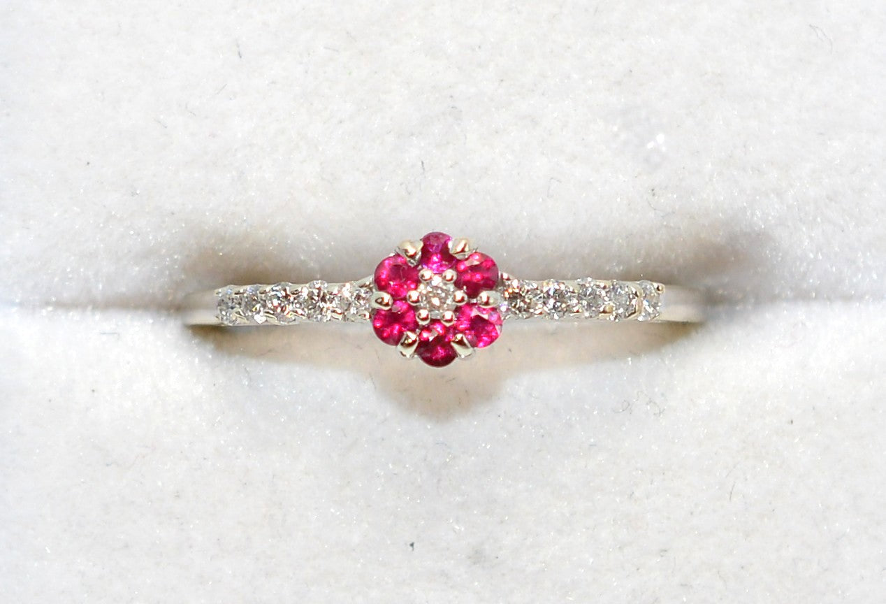 Natural Ruby & Diamond Ring 10K White Gold .29tcw July Birthstone Ring Flower Ring Vintage Estate Jewelry