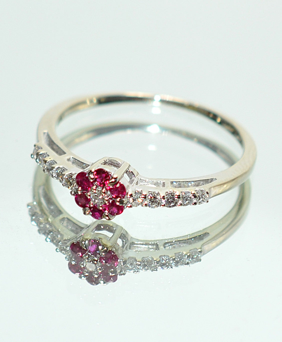 Natural Ruby & Diamond Ring 10K White Gold .29tcw July Birthstone Ring Flower Ring Vintage Estate Jewelry