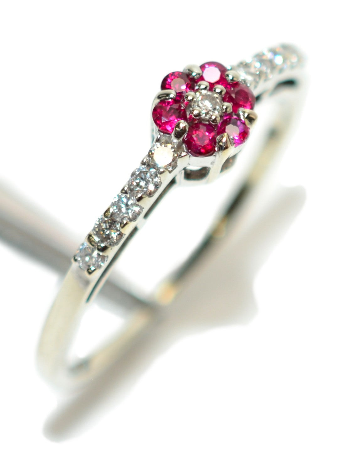 Natural Ruby & Diamond Ring 10K White Gold .29tcw July Birthstone Ring Flower Ring Vintage Estate Jewelry