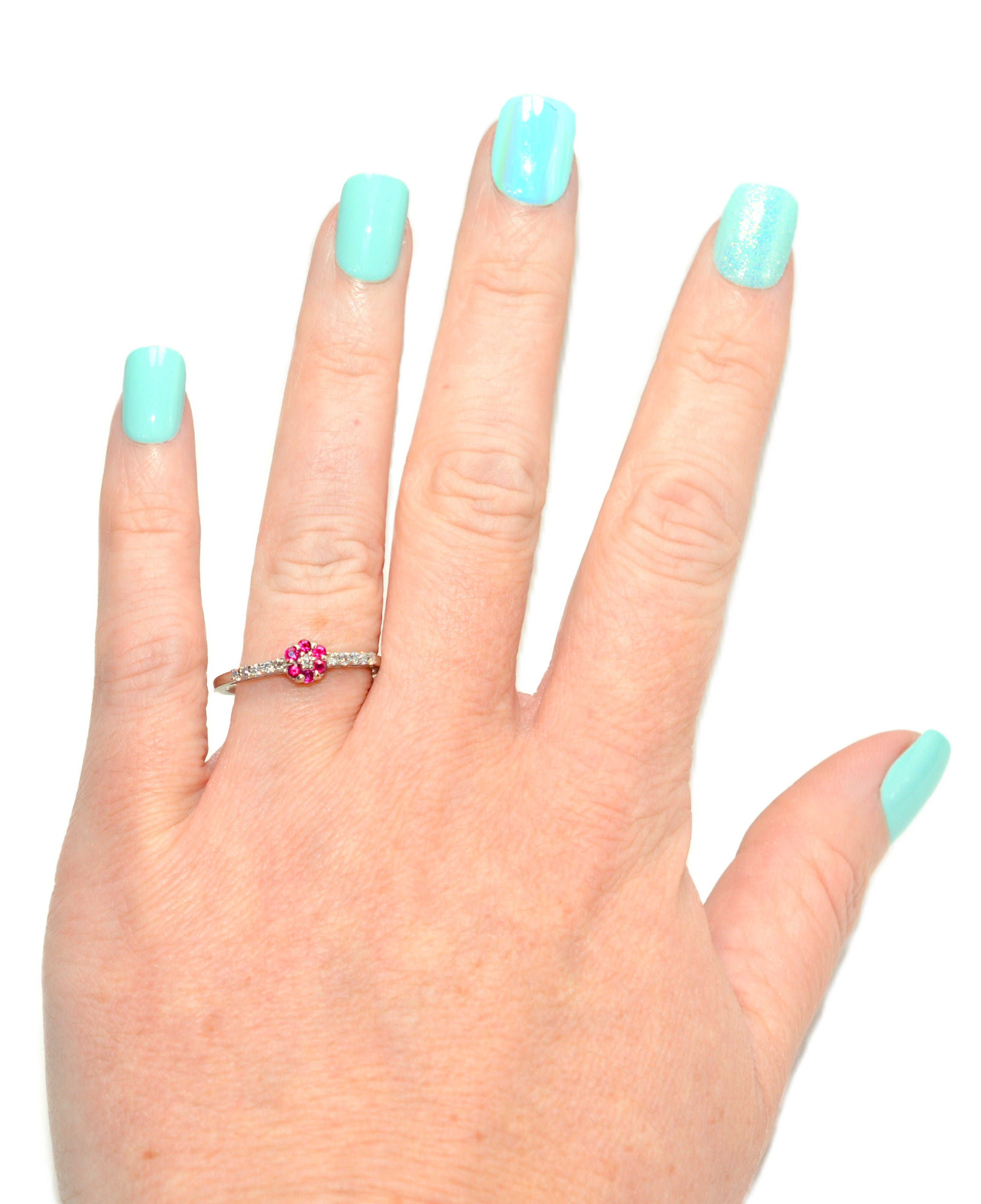 Natural Ruby & Diamond Ring 10K White Gold .29tcw July Birthstone Ring Flower Ring Vintage Estate Jewelry