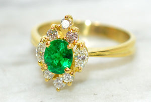 Natural Colombian Emerald & Diamond Ring 18K Solid Gold 1.03tcw Cluster Halo Statement Cocktail Engagement Bridal Estate Birthstone Jewelry
