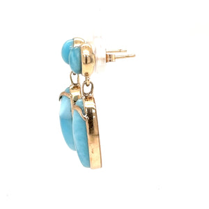 Natural Larimar Earrings 14K Solid Gold Earrings Dangle Drop Earrings Statement Earrings Cocktail Earrings Caribbean Blue Gemstones Estate