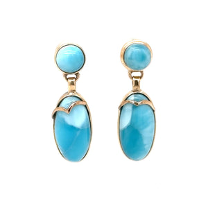 Natural Larimar Earrings 14K Solid Gold Earrings Dangle Drop Earrings Statement Earrings Cocktail Earrings Caribbean Blue Gemstones Estate